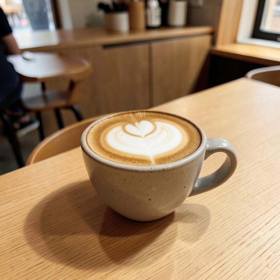Flat white z latte art na drewnianym stole